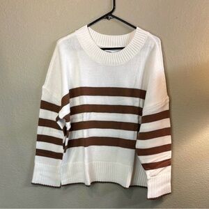 New Sonoma Sweater Women’s White & Brown Striped Crew Neck Casual Preppy Sz XXL